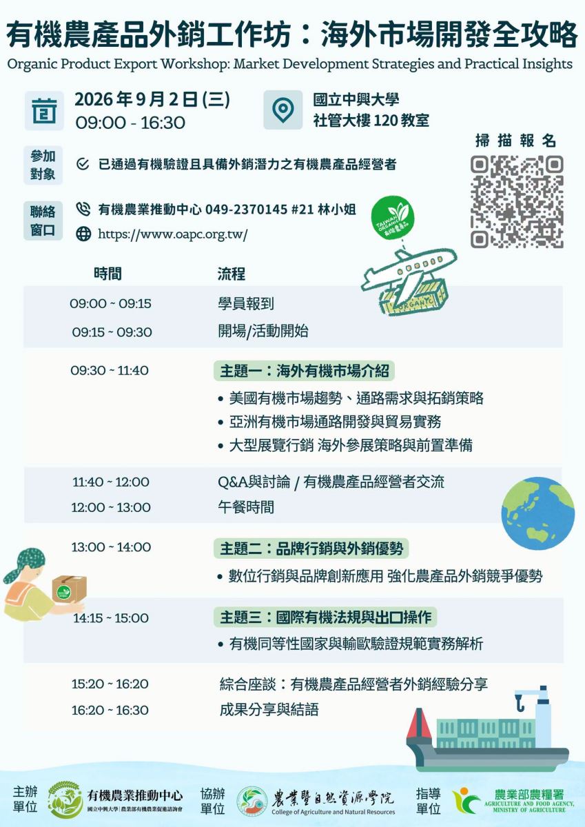📢「有機農產品外銷工作坊:海外市場開發全攻略」即日起開放報名!-1